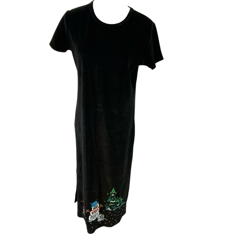 Michael Simon Event Women's Medium‎ Maxi Dress Black Velour Snowman Holiday Tree